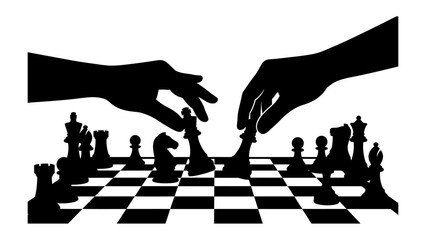 Strategic Minds at Play: Silhouetted hands make strategic moves on a chessboard, symbolizing intellect, competition, and tactical thinking in a classic game. © Jahid