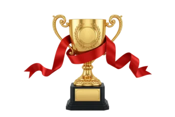 Fotobehang Goud Golden Trophy Cup Wrapped in Elegant Red Ribbon  © Laura