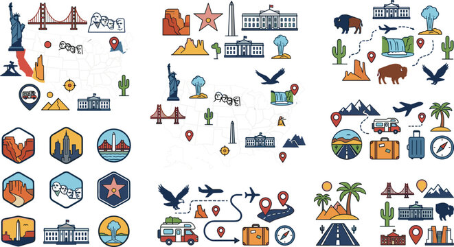 Large Vector Collection of USA Travel Icons Featuring Famous Landmarks National Parks Route Maps and Road Trip Badges for Tourism Mobile Application Interfaces