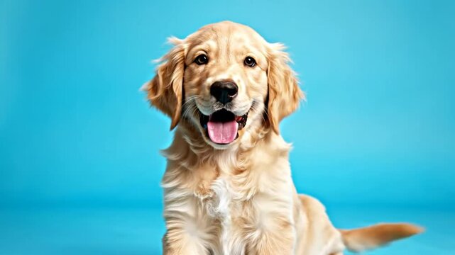 Cheerful golden retriever puppy with a bright smile looking at the camera against a vibrant blue backdrop