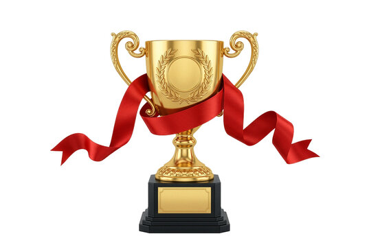 Golden Trophy Cup Wrapped in Elegant Red Ribbon