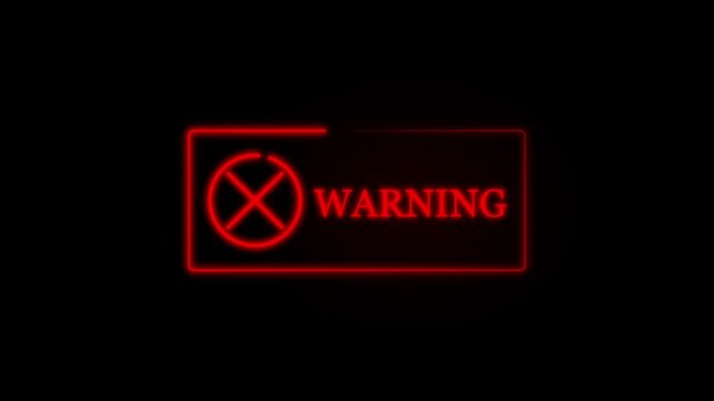 Red angular strokes form a compact outlined alert banner, then a crossed-circle icon and uppercase WARNING label illuminate over a black background.