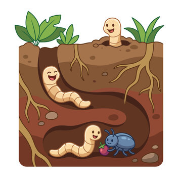 A cheerful underground scene featuring friendly worms and a beetle among roots, showcasing the importance of soil life and its interaction with nature.