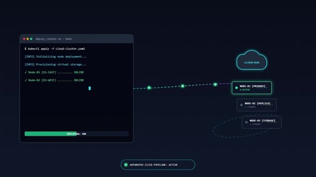 Cloud infrastructure deployment visualization with terminal interface and node management progress on dark background