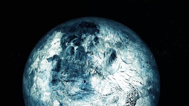 A blue icy planet or moon floating in dark space, with a detailed frozen surface and craters against a black background.