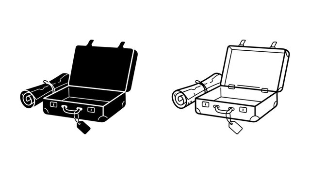 Vintage Luggage Set: A classic open suitcase with a rolled scroll and tag, presented in both solid black and outline styles, evoking a sense of adventure and discovery.