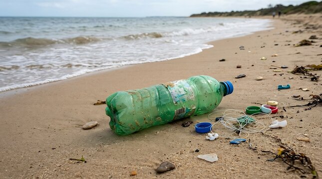 Plastic bottle pollution washed up on a sandy ocean beach.