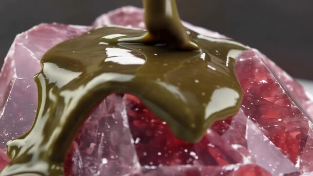 Close up of green liquid being poured onto pink crystals.