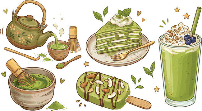 Matcha Green Tea Dessert and Beverage Set with Mille Crepe Cake, Ice Cream Bar, Frappe, Teapot, Bowl, and Whisk for Cafe Menu Vector Designs