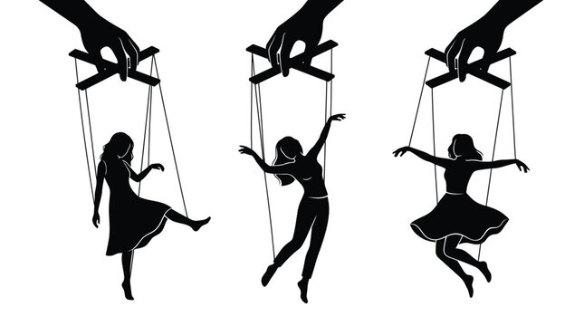 Black silhouette vector illustration of three female puppets controlled by giant hands on strings isolated