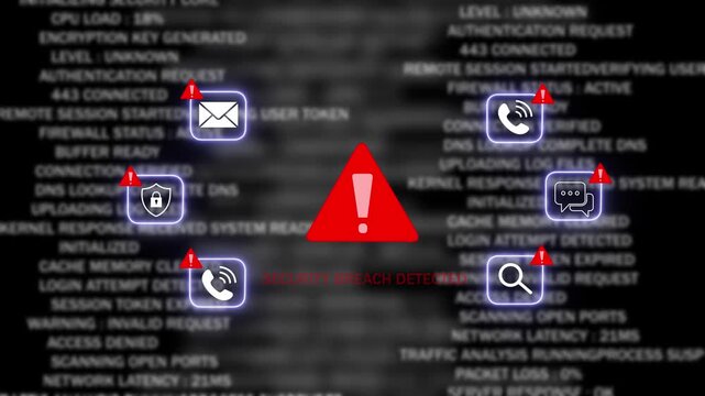 Cyber security breach detected alert concept with digital warning sign and glowing network overlaid on complex server data code background, for advanced information, technology protection systems