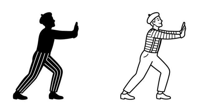 Mime Artist Pushing Invisible Wall: A mime artist, depicted in both a bold silhouette and a clear line drawing, pushes against an unseen barrier with determined effort, embodying the art of pantomime.