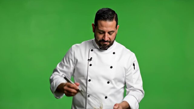 Professional male chef in white uniform cooking in front of green screen background.