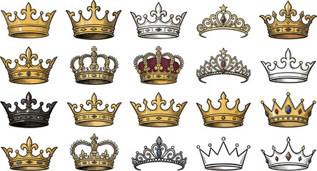 WebLarge Vector Collection of Royal Crown Icons Vintage Golden Tiaras Corone Coronets and Imperial Velvet Headpieces for Heraldic Brand Identity Graphic Designs © Naimur