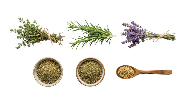 Fresh organic herbs bundles with bowls of dried spices and wooden spoon for cooking and natural medicine