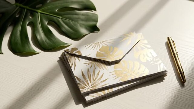 Monstera leaf and notebook on sunlit office desk