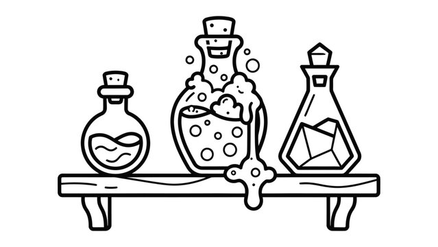 Potion Bottles on Shelf: Three stylized potion bottles with corks, one bubbling over, sit on a wooden shelf, suggesting magic and alchemy in a playful illustration.
