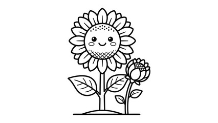 Cute Cartoon Sunflower and Flower bud Outline: A charming illustration of a happy cartoon sunflower with a smiling face and a smaller flower bud beside it.