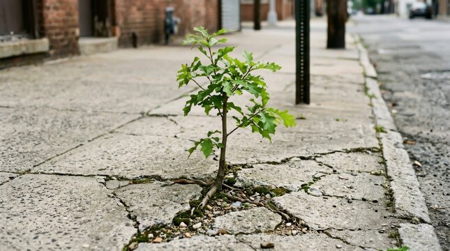 Resilient Tree Growing Through Cracked Sidewalk in Urban Environment