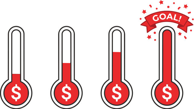 Four fundraising goal thermometers with dollar signs, showing progress towards financial targets with a success banner icon.