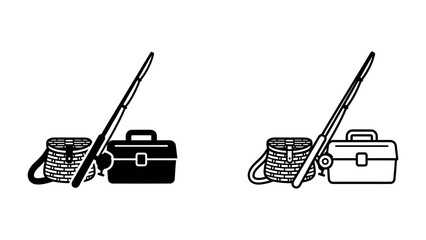 Fishing Gear Collection: A minimalist depiction of essential fly fishing equipment, including a rod, tackle box, and creel, presented in both a solid silhouette and an outline style. © Harun
