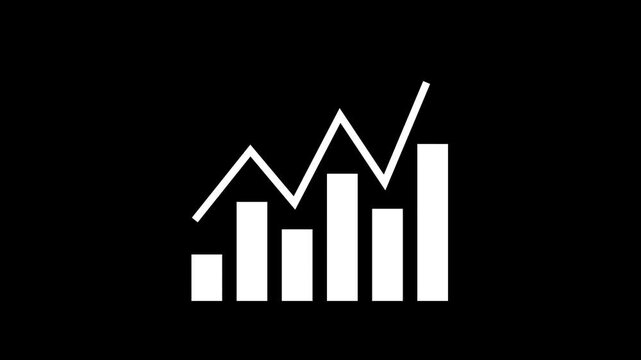 Dynamic white bar chart graph animation with rising line trend overlay on a clean black background, for financial data, visualization, business growth, analysis, and corporate, performance reporting