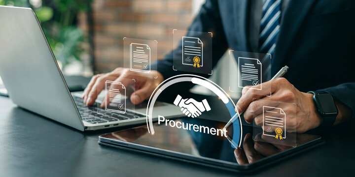 Corporate procurement process with handshake icon and digital document icons on office desk.