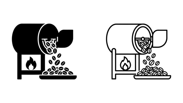 Coffee Bean Roaster Icon: A clear and concise illustration of a coffee bean roaster, showcasing the process of roasting coffee beans with a flame underneath.