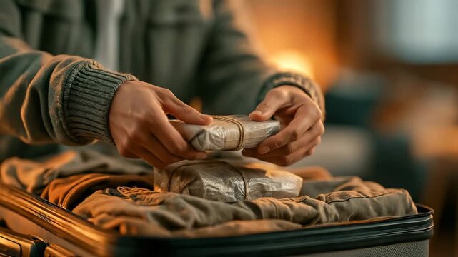 Packing souvenirs into an overstuffed suitcase
