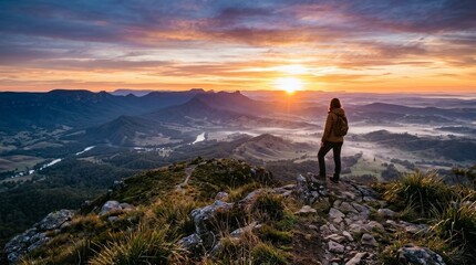 Fototapeta premium Person Standing on Rocky Outcrop During Vibrant Sunset Over Landscape