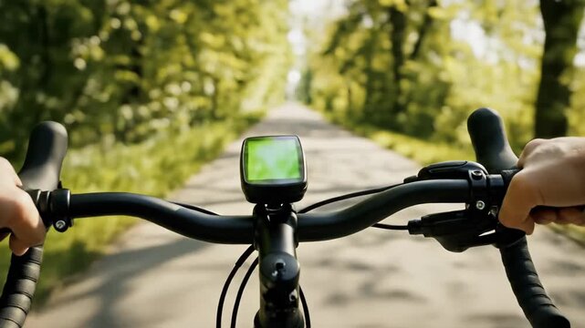 First person view of riding a bicycle on a paved path through a green forest.