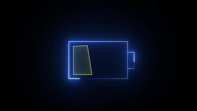 Glowing blue neon battery icon with low charge level isolated on black background
