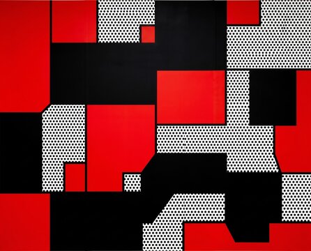 Geometric pattern with red and black blocks perforated texture