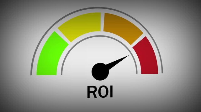 Dynamic return on investment roi gauge meter animation showing financial performance growth and business profitability metrics with moving needle indicator for corporate data analysis and marketing