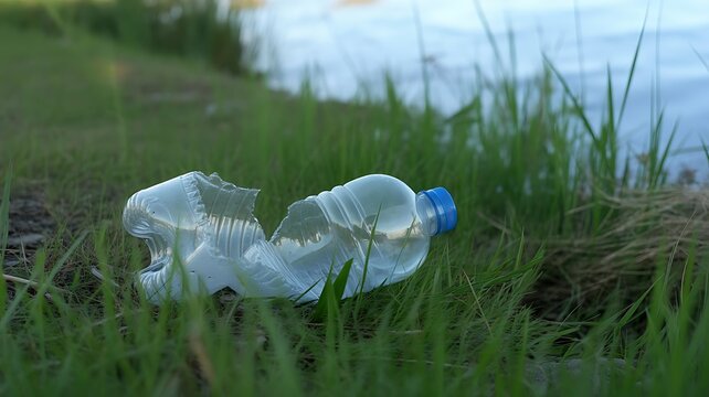 A crushed empty plastic water bottle lying on the green grass near a river bank, representing environmental pollution and plastic waste problems