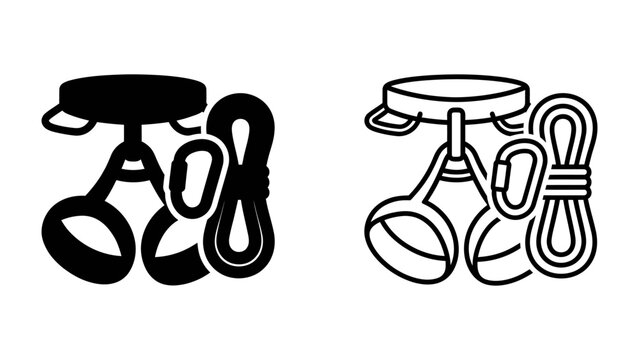 Rock Climbing Gear Icons: A set of stylized icons depicting essential rock climbing equipment, including a harness, carabiner, and rope, ready for adventure.