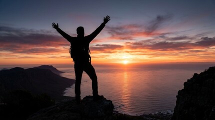 Fototapeta premium Silhouette of a Person Celebrating at Sunset Over the Ocean