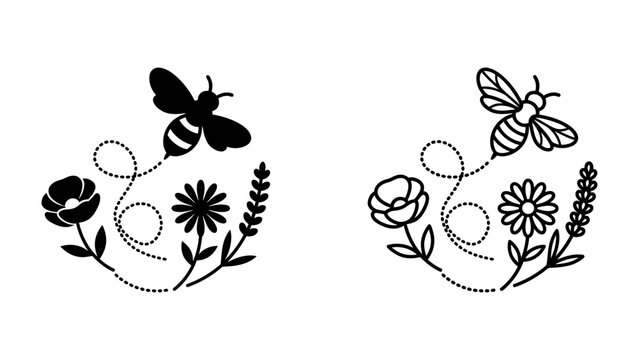 Bee and Flower Duo: A charming illustration features a bee hovering amongst delicate flowers and lavender sprigs, depicted in both a solid silhouette and an outline style.
