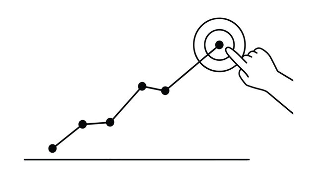 A black outline of a rising line graph with data points, where a human hand is pointing at the final target circle at the end