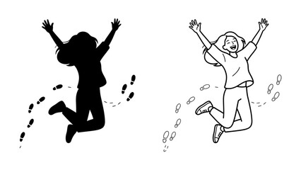 Joyful Silhouette: A vibrant silhouette of a woman jumping with her arms outstretched, symbolizing freedom and exhilaration, accompanied by her playful footprints.