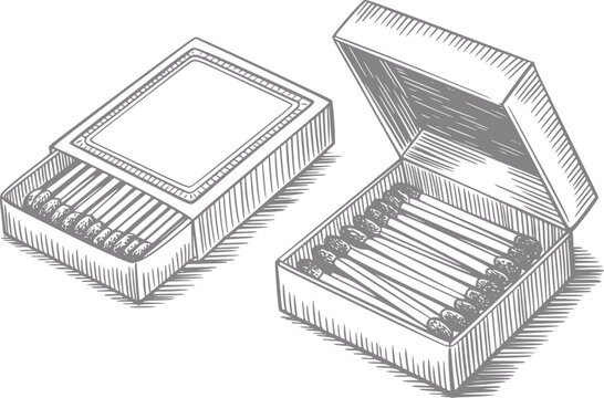 Un dibujo a mano de estilo vintage con dos cajas de cerillas abiertas llenas de cerillas de madera sobre fondo blanco