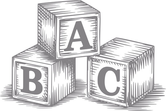 Un dibujo a mano de estilo vintage de tres bloques de madera del alfabeto con las letras a, b y c apiladas