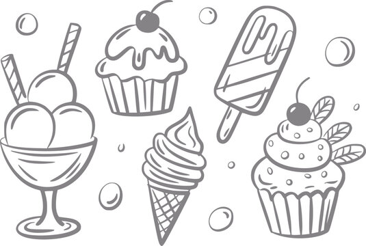Garabato dibujado a mano con una colecci&oacute;n de deliciosos helados, cupcakes y postres dulces