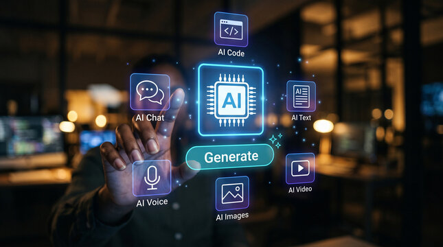 Hand touching virtual screen with generative AI processor and multi modal icons for artificial intelligence content creation concept