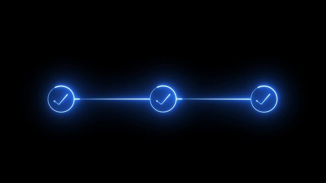 Three blue glowing neon check mark icons connected in a horizontal progress line