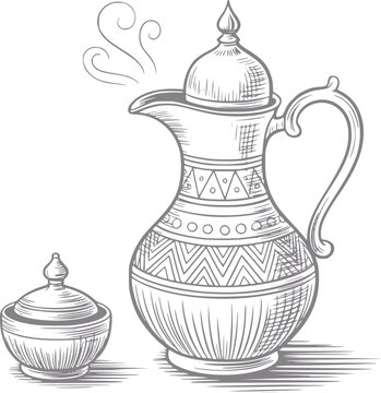 Dibujo a mano de una cafetera &aacute;rabe tradicional y un peque&ntilde;o cuenco con vapor subiendo en estilo vintage