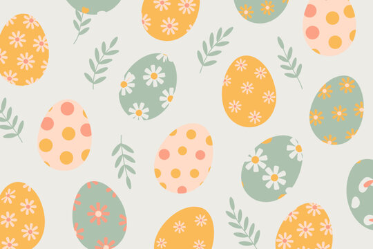 Patr&oacute;n de Pascua sin costuras con huevos decorados coloridos con flores y lunares sobre un fondo claro