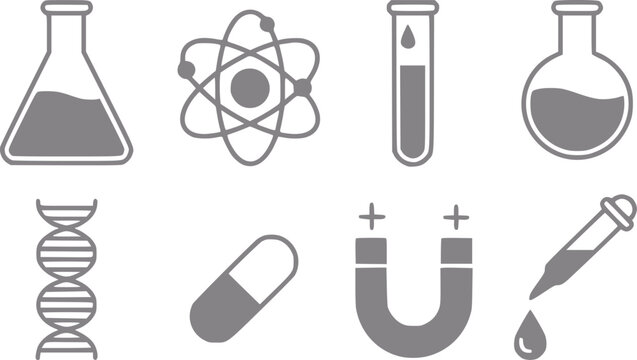 Conjunto de iconos planos de ciencia y laboratorio con equipo de qu&iacute;mica, ADN, &aacute;tomo, im&aacute;n y suministros m&eacute;dicos