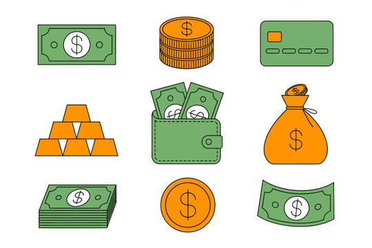 Conjunto de iconos planos que representan varios s&iacute;mbolos financieros como dinero, monedas, lingotes de oro y tarjetas de cr&eacute;dito