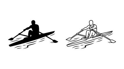 Rowing Athlete Silhouettes: A dynamic illustration depicting a single rower in a sleek boat, captured in silhouette and outline form, demonstrating the sport of rowing on water © Sajid